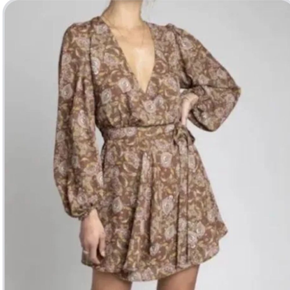 Resa Willow brown floral long sleeve wrap mini dress size small new with tags